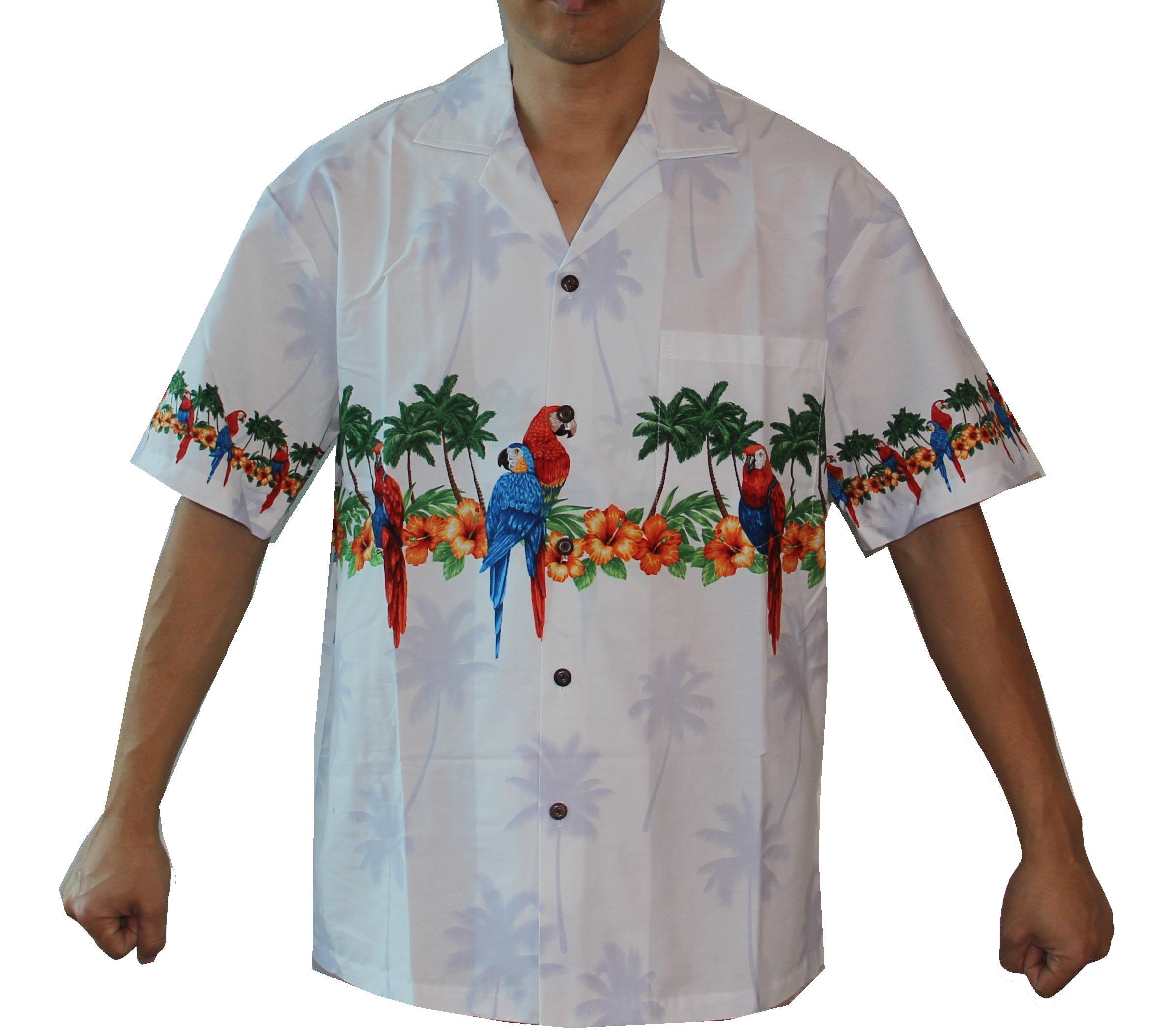 Men's Classic Parrots Border Chest White Hawaiian Aloha Cruise Luau Shirt