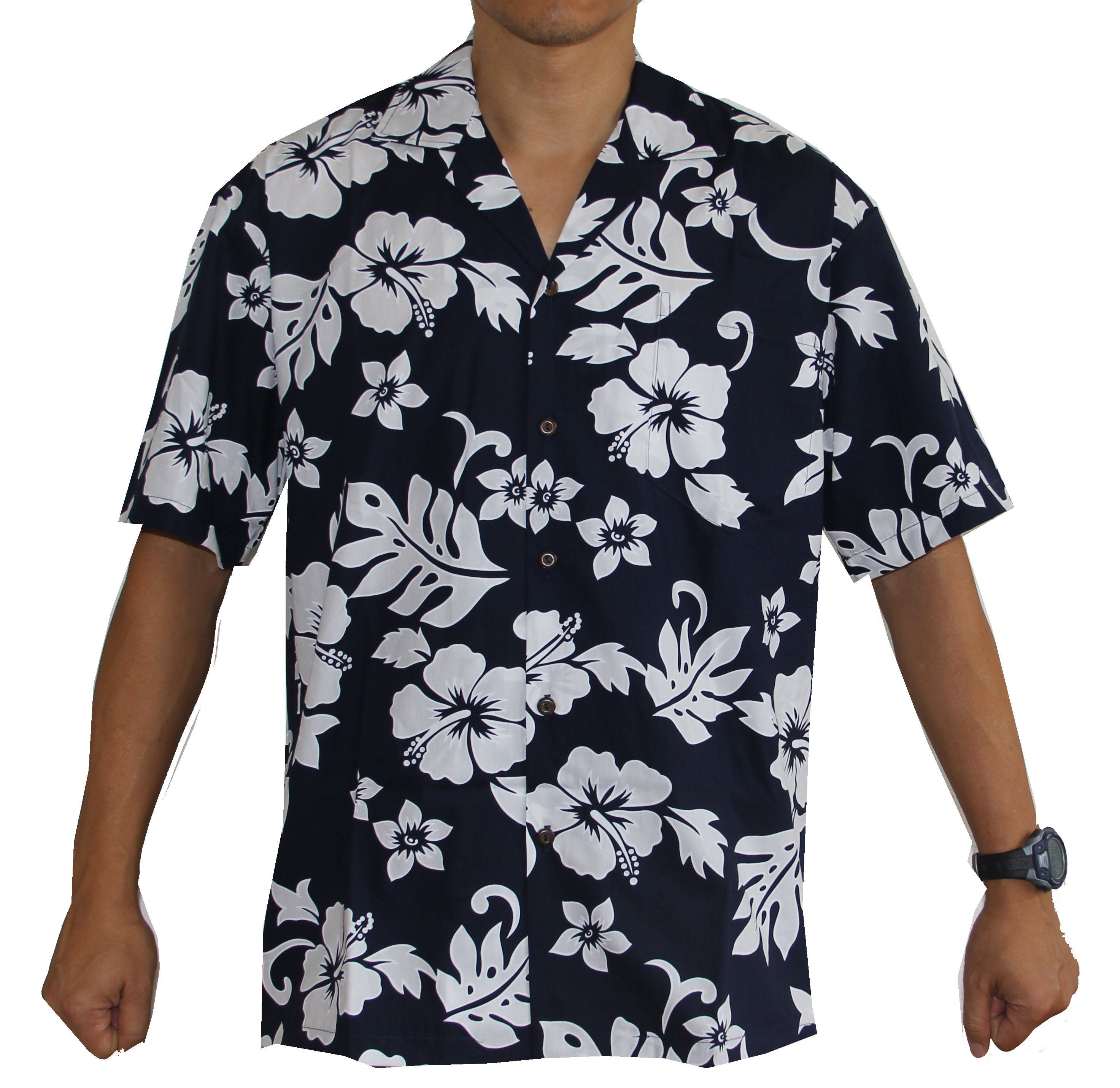 Men's Hibiscus Classic Navy White Hawaiian Aloha Cruise Luau Shirt