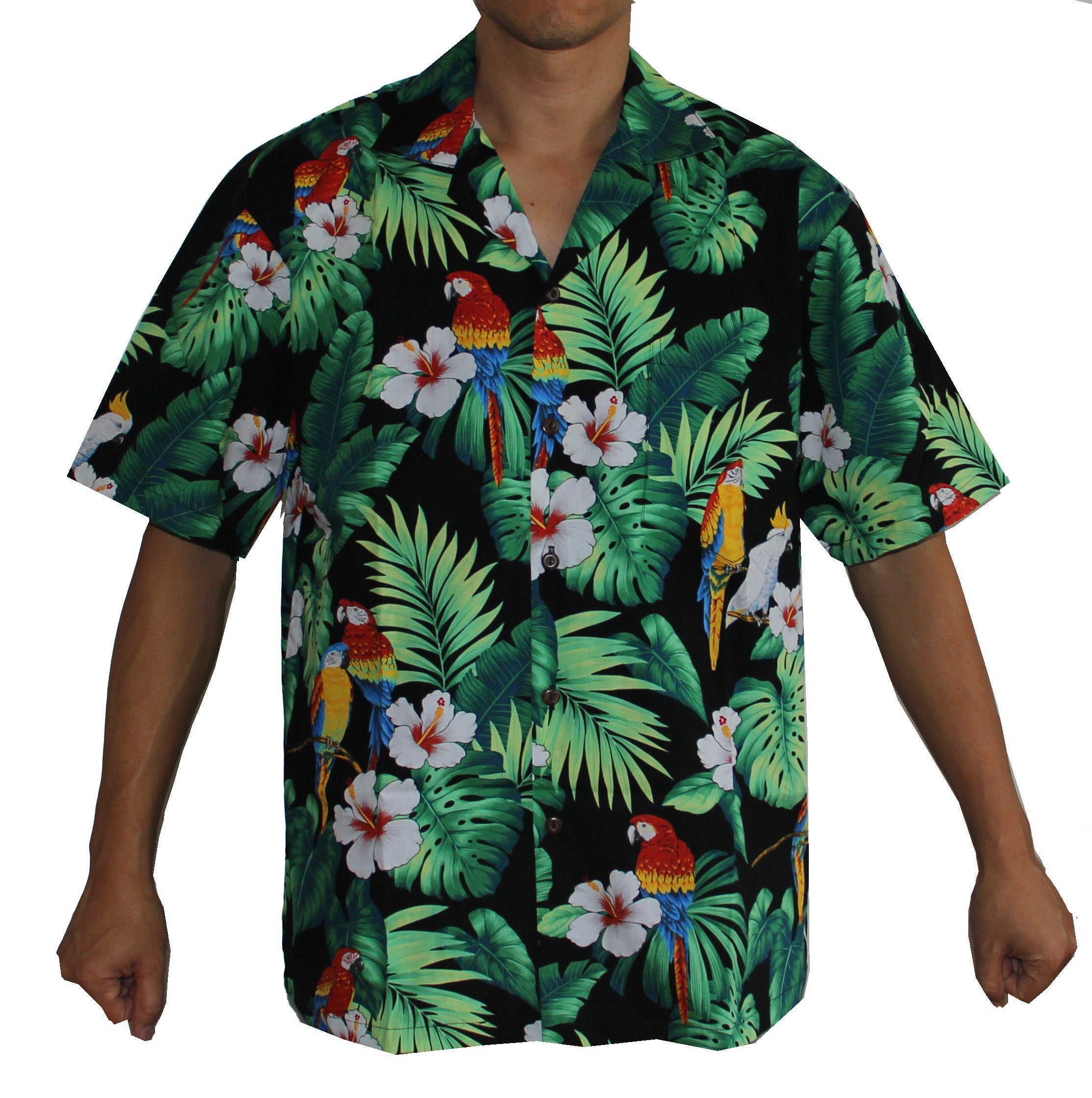 Men's Classic Hibiscus Parrots Black Hawaiian Aloha Cruise Luau Shirt