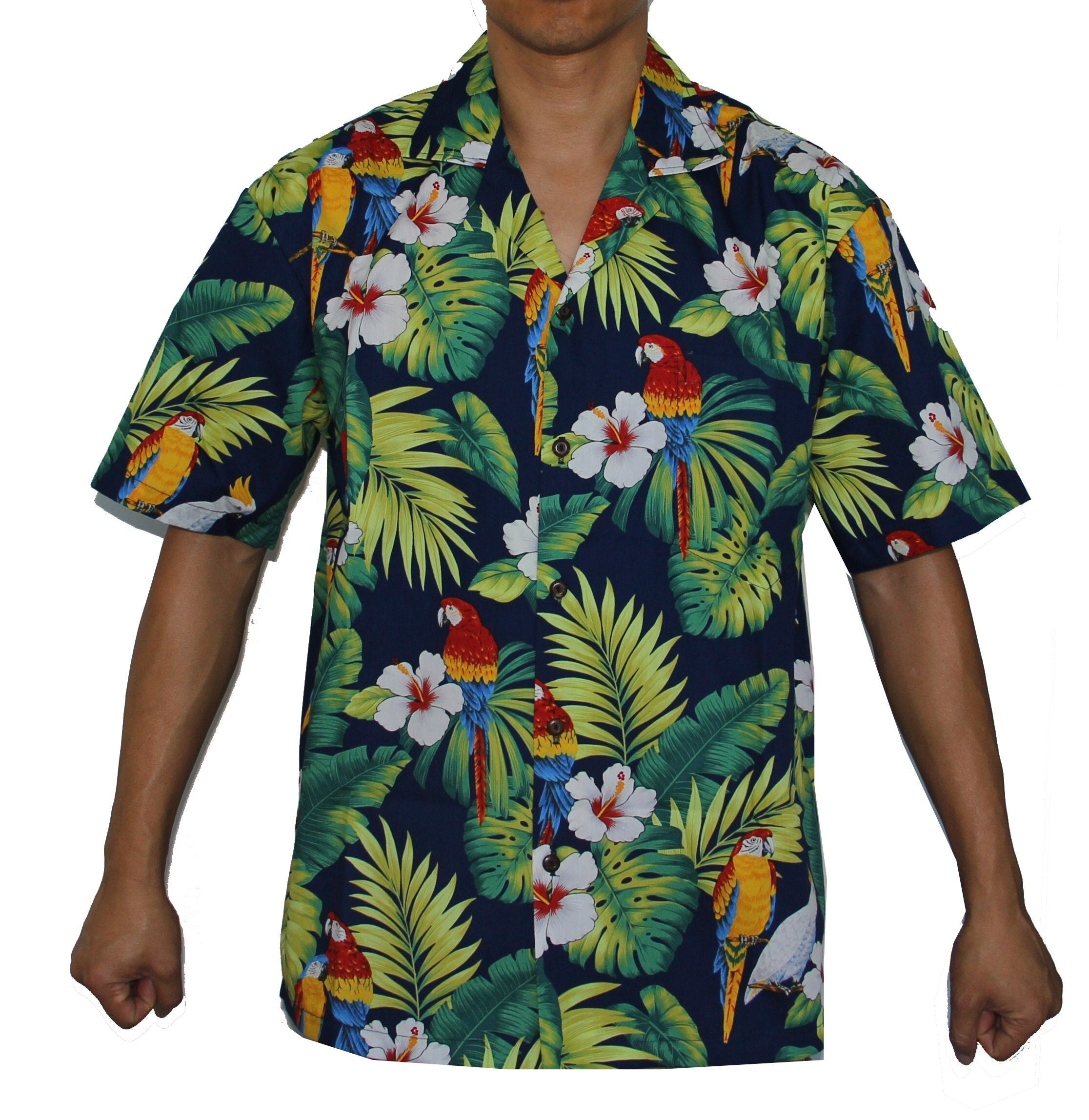 Men's Classic Hibiscus Parrots Navy Hawaiian Aloha Cruise Luau Shirt