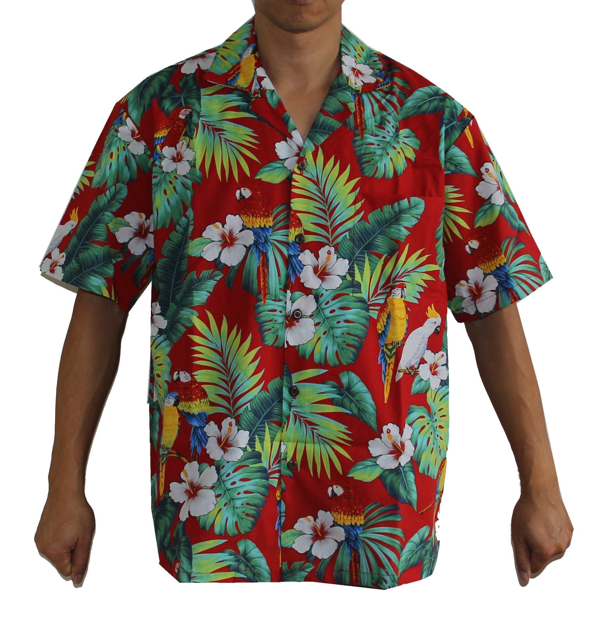 Men's Classic Hibiscus Parrots Red Hawaiian Aloha Cruise Luau Shirt