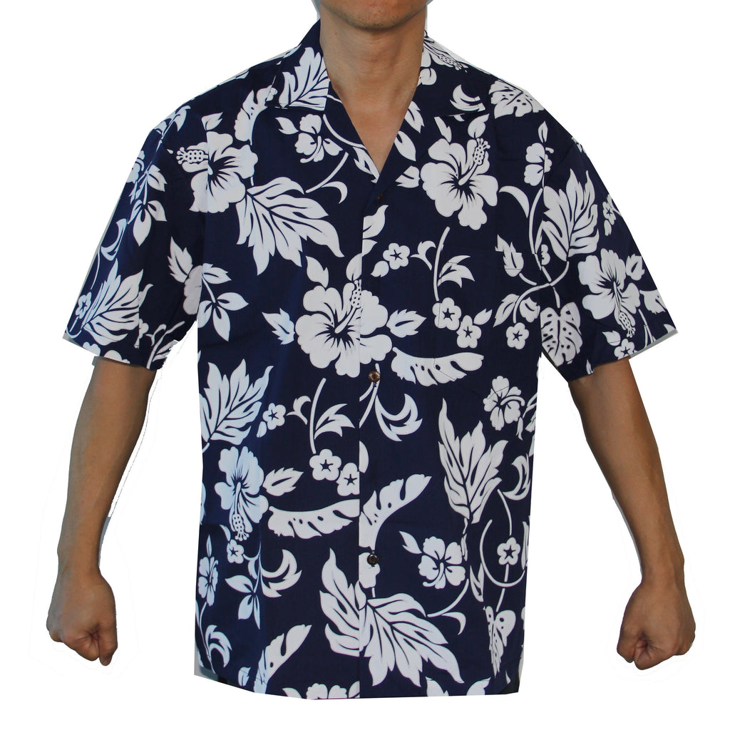 Men's Hibiscus Classic Navy Hawaiian Aloha Cruise Luau Shirt