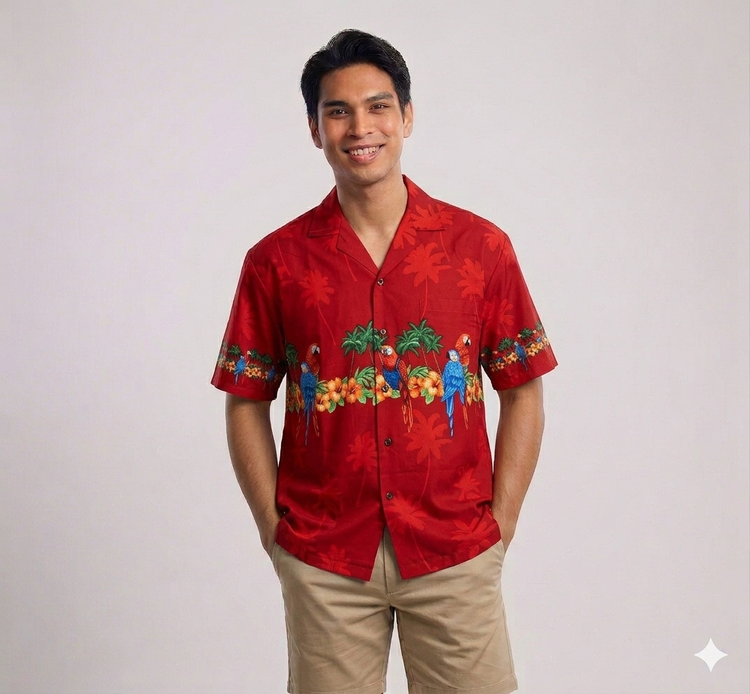 Men's Classic Parrots Border Chest Red Hawaiian Aloha Cruise Luau Shirt