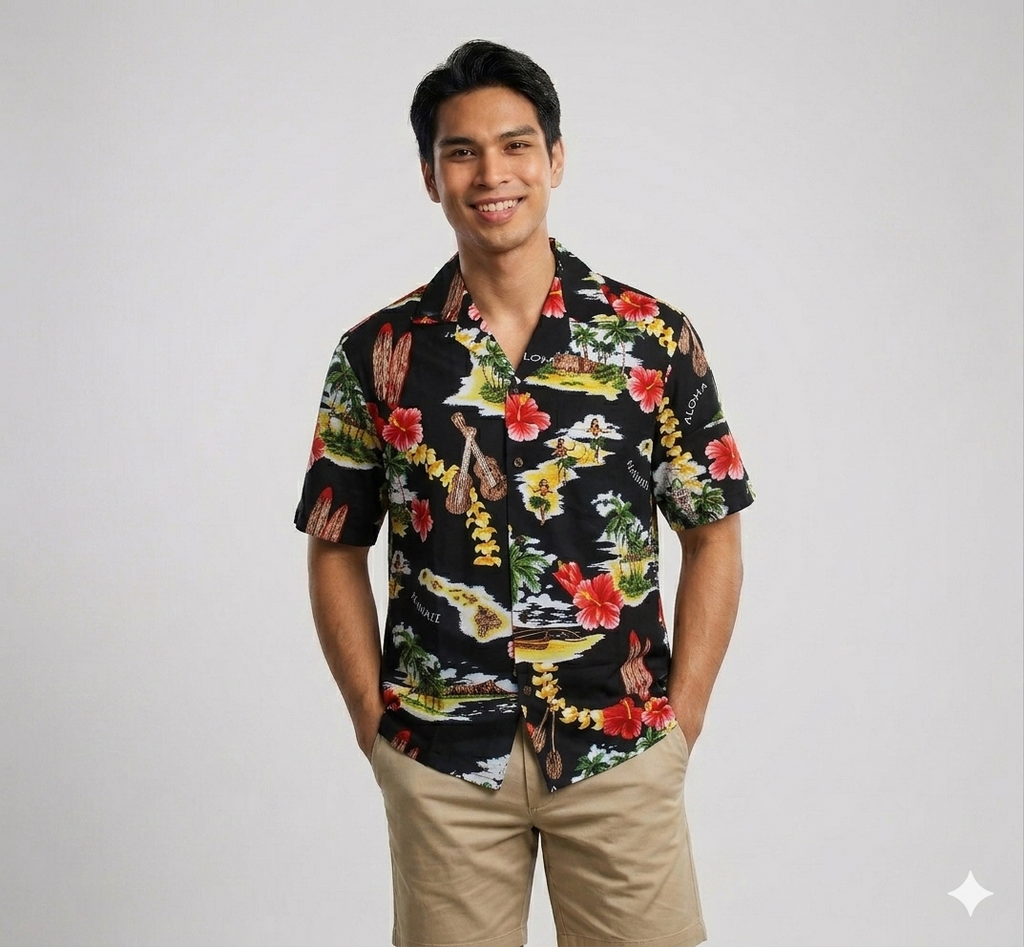 Men's Classic Island Treasure Black Hawaiian Aloha Cruise Luau Shirt