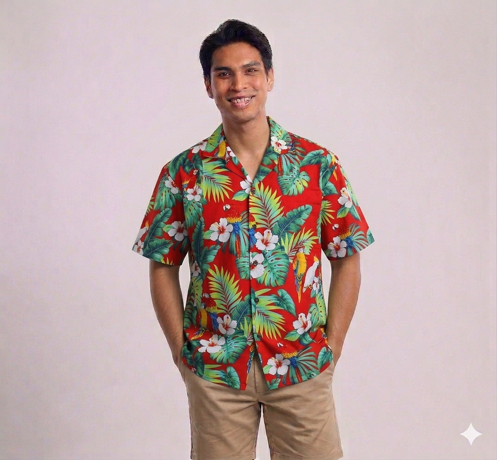Men's Classic Hibiscus Parrots Red Hawaiian Aloha Cruise Luau Shirt