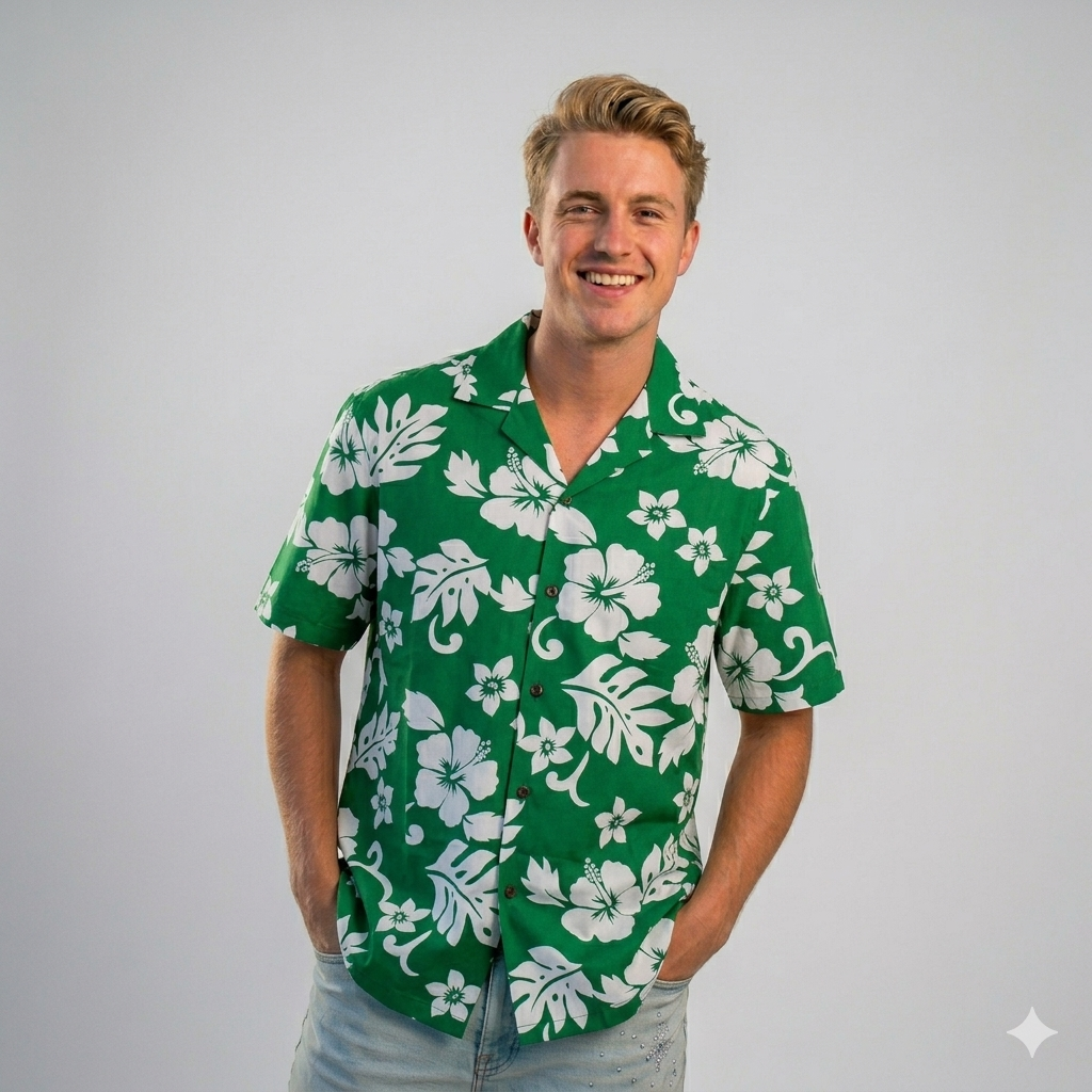 Men's Classic Hibiscus Christmas Green/White Hawaiian Aloha Cruise Luau Shirt