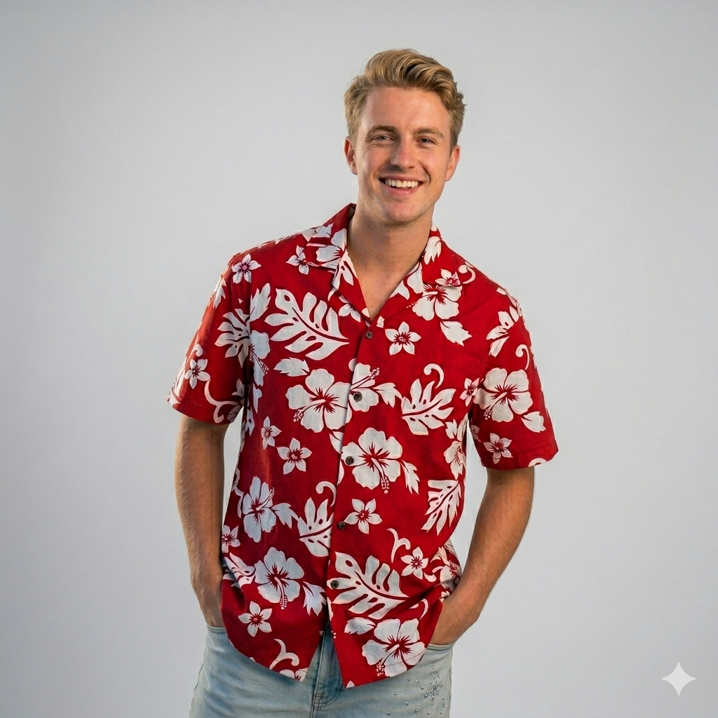 Men's Classic Hibiscus Christmas Red/White Hawaiian Aloha Cruise Luau Shirt