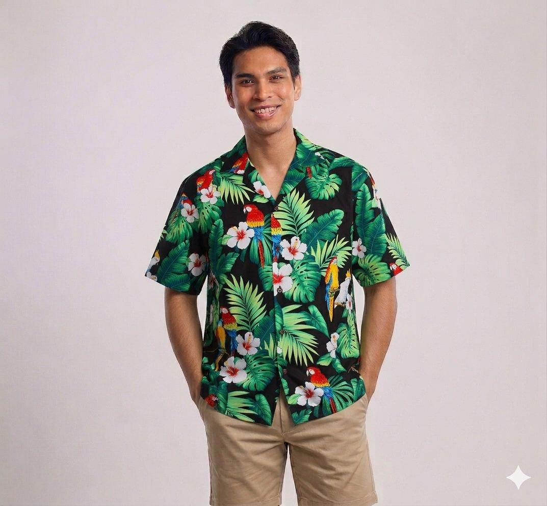 Men's Classic Hibiscus Parrots Black Hawaiian Aloha Cruise Luau Shirt