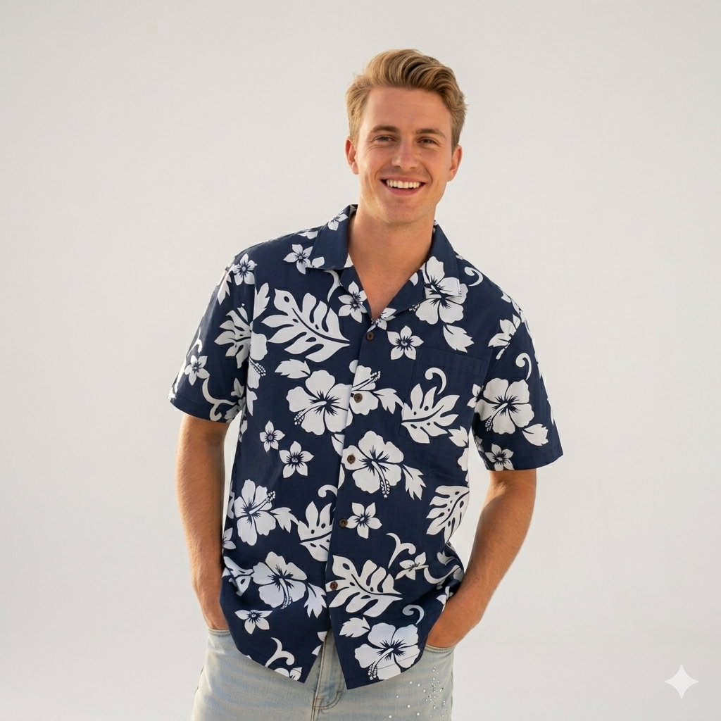 Men's Hibiscus Classic Navy White Hawaiian Aloha Cruise Luau Shirt