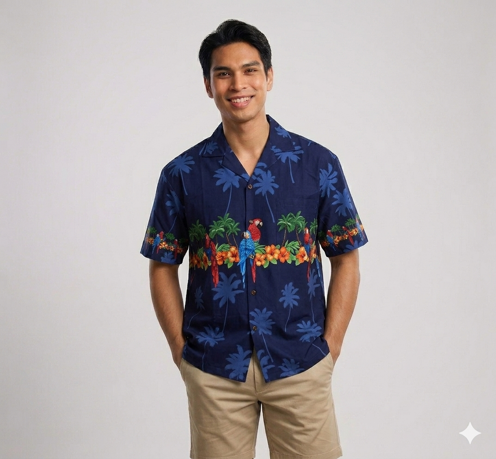 Men's Classic Parrots Border Chest Navy Hawaiian Aloha Cruise Luau Shirt