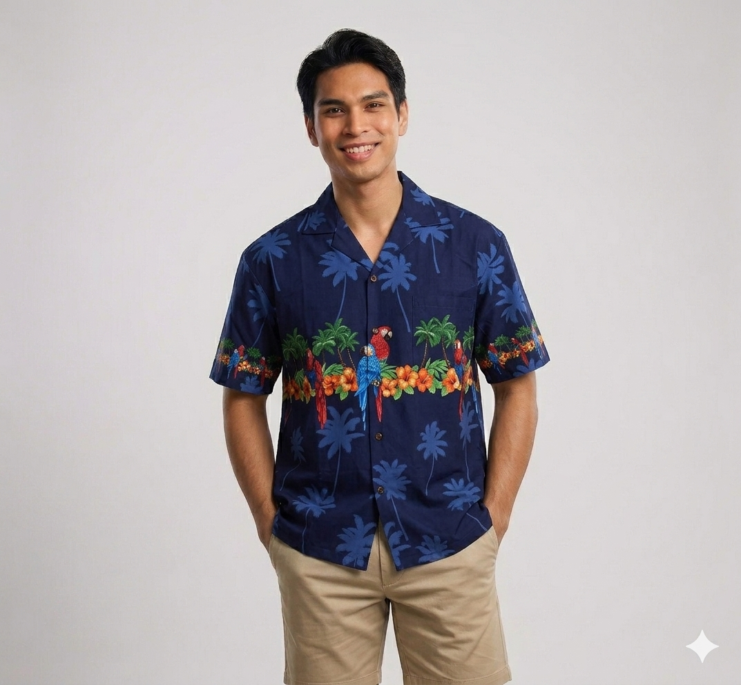 Men's Classic Parrots Border Chest Navy Hawaiian Aloha Cruise Luau Shirt
