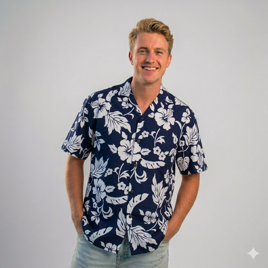 Men's Hibiscus Classic Navy Hawaiian Aloha Cruise Luau Shirt