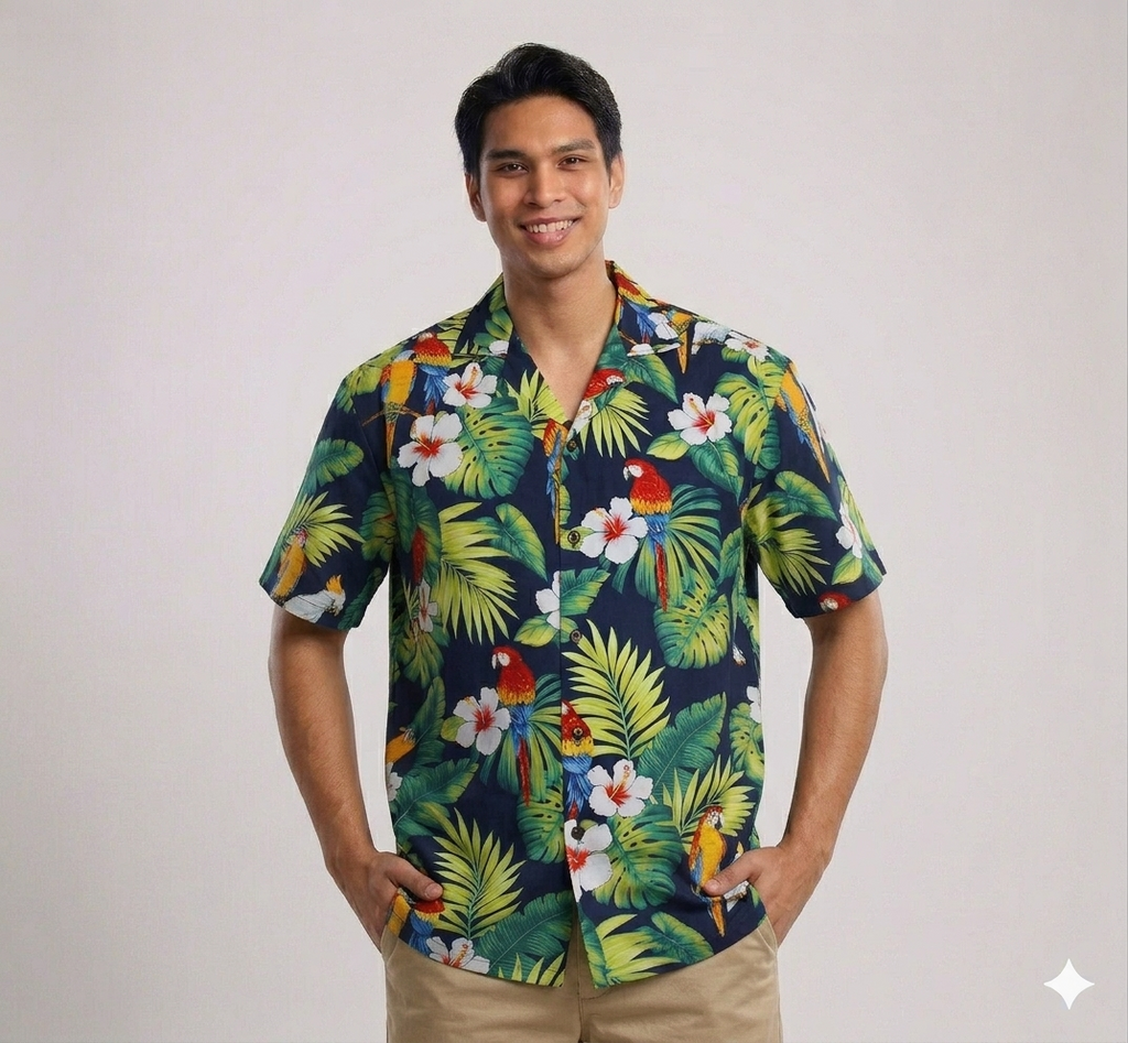 Men's Classic Hibiscus Parrots Navy Hawaiian Aloha Cruise Luau Shirt