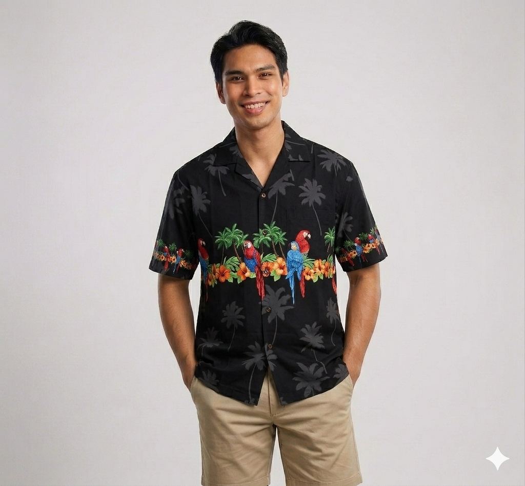 Men's Classic Parrots Border Chest Black Hawaiian Aloha Cruise Luau Shirt