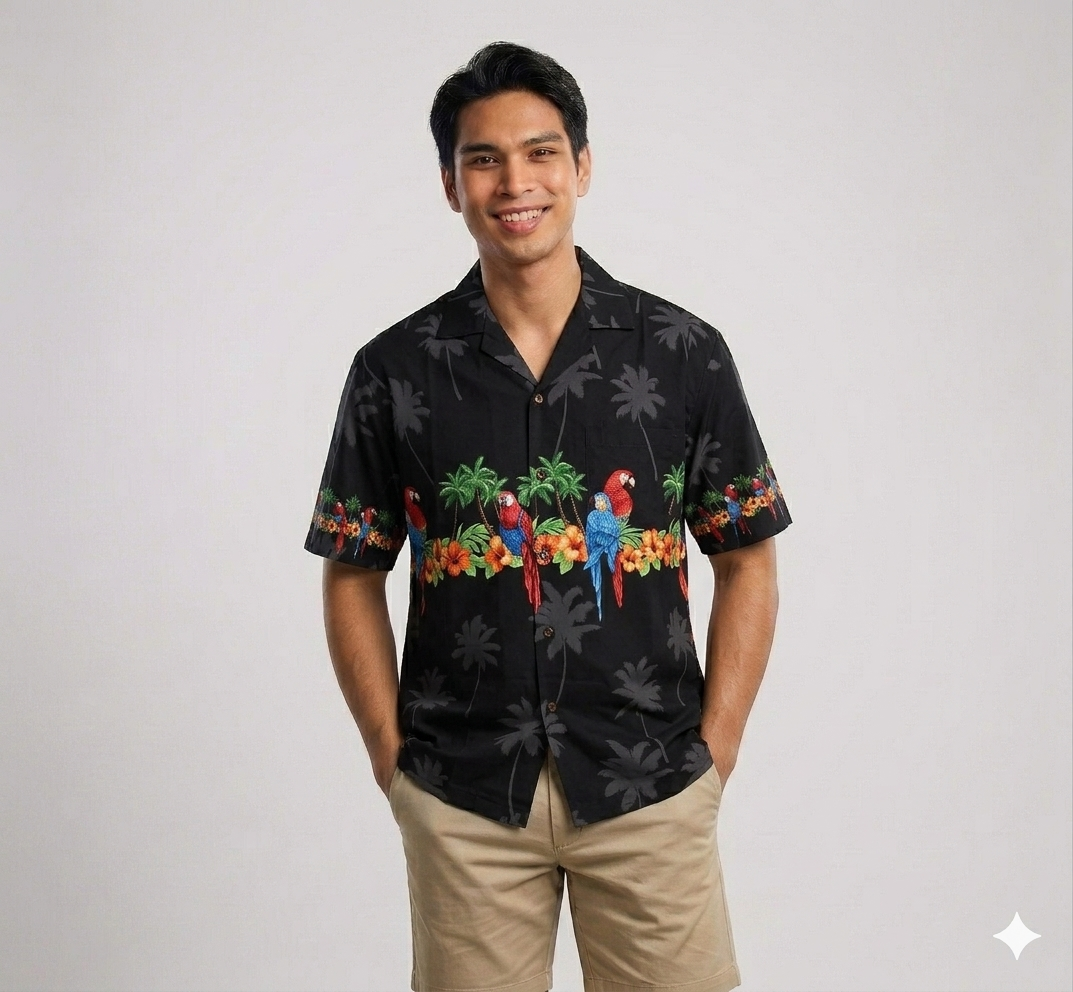Men's Classic Parrots Border Chest Black Hawaiian Aloha Cruise Luau Shirt