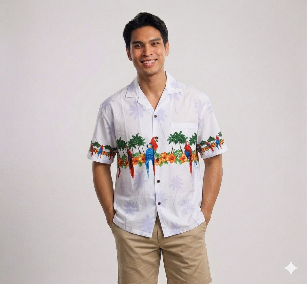 Men's Classic Parrots Border Chest White Hawaiian Aloha Cruise Luau Shirt