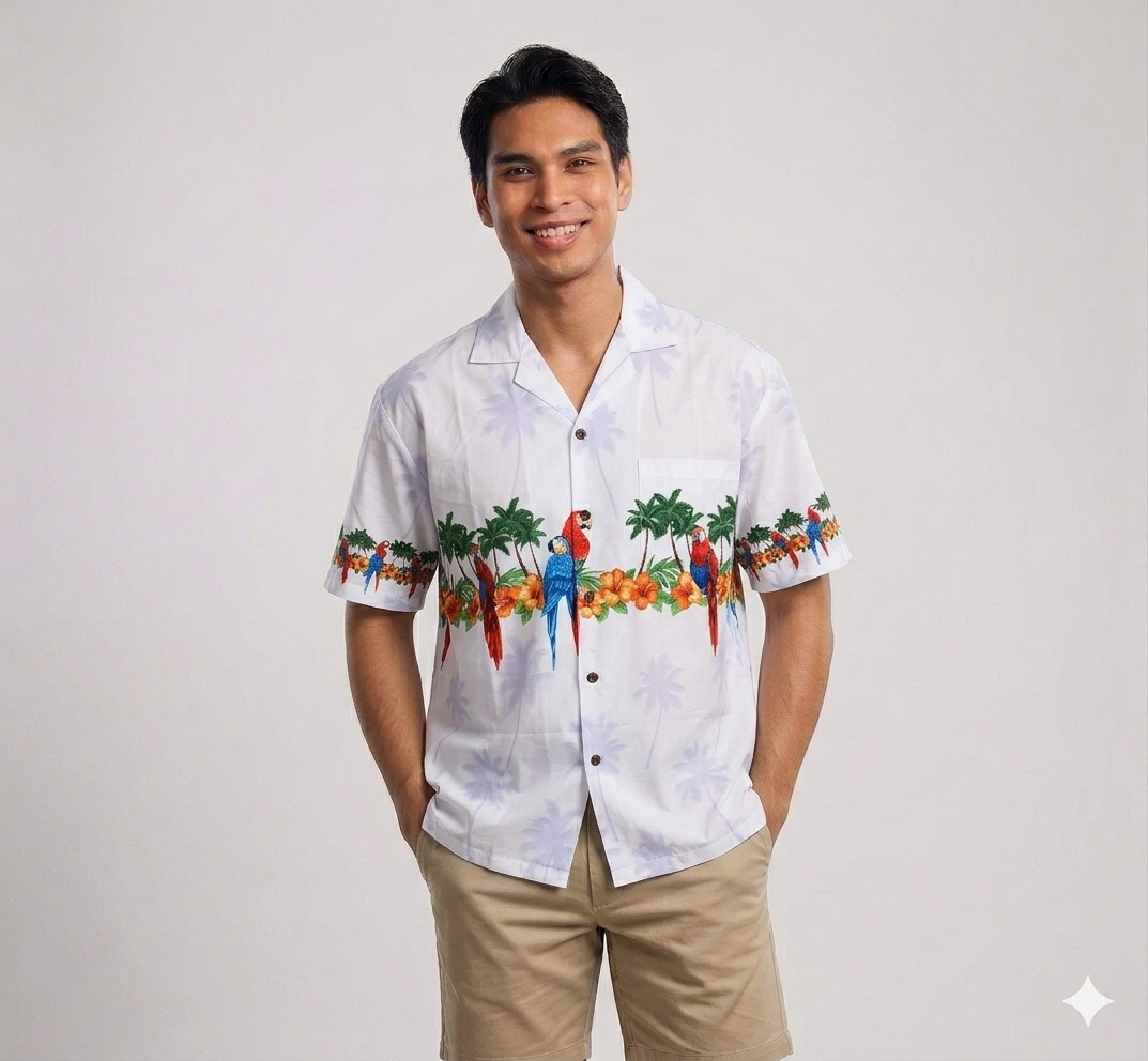 Men's Classic Parrots Border Chest White Hawaiian Aloha Cruise Luau Shirt