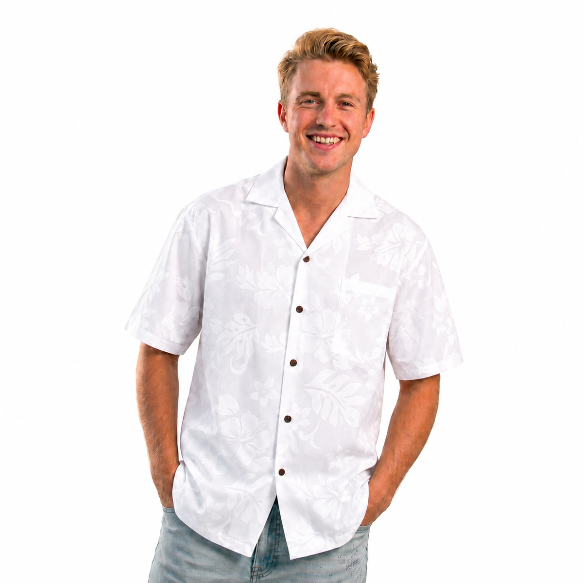 Men's Classic Hibiscus White Wedding Hawaiian Aloha Cruise Luau Shirt