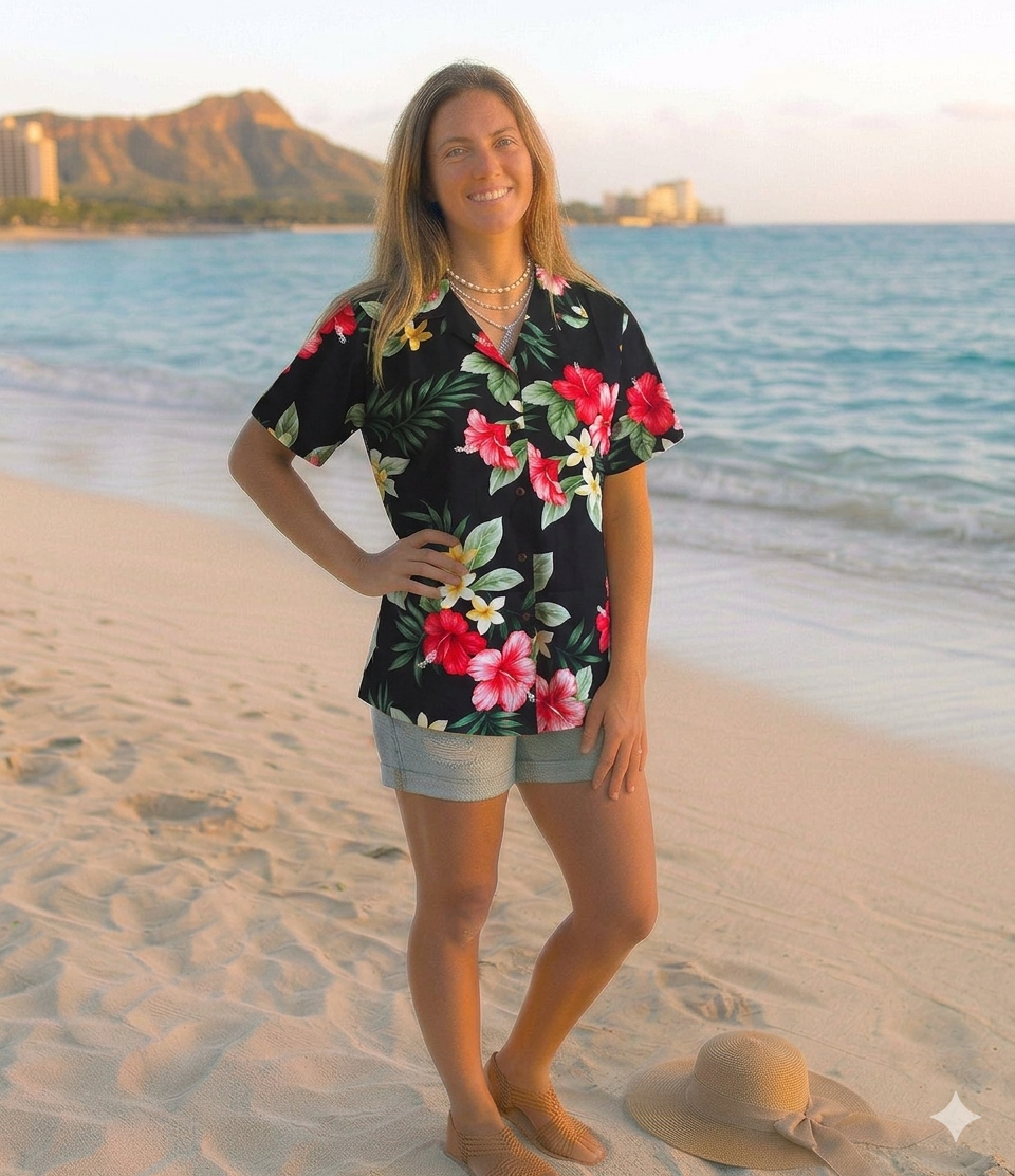 Made in Hawaii ! Women's Floral Hibiscus Flowers Hawaiian Aloha Black Camp Shirt