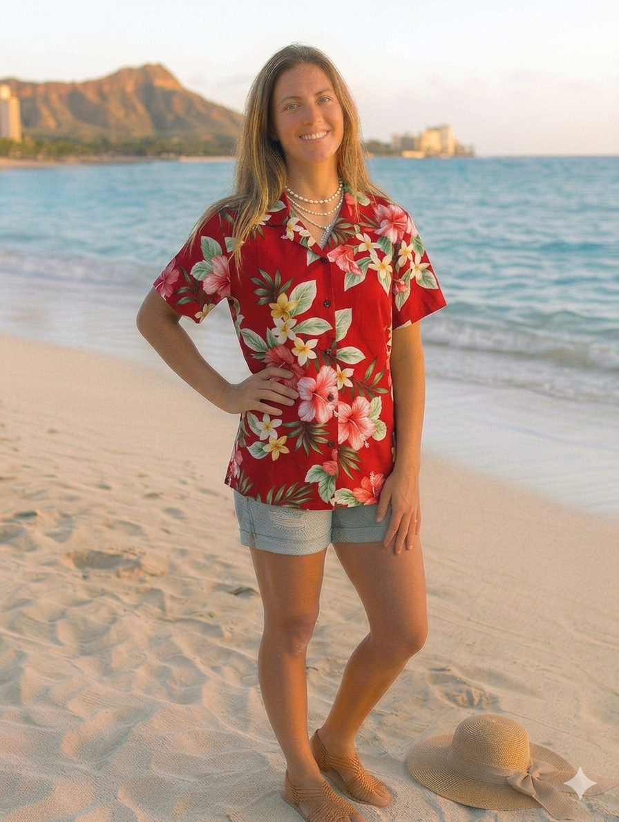 Made in Hawaii ! Women's Floral Hibiscus Flowers Hawaiian Aloha Red Camp Shirt