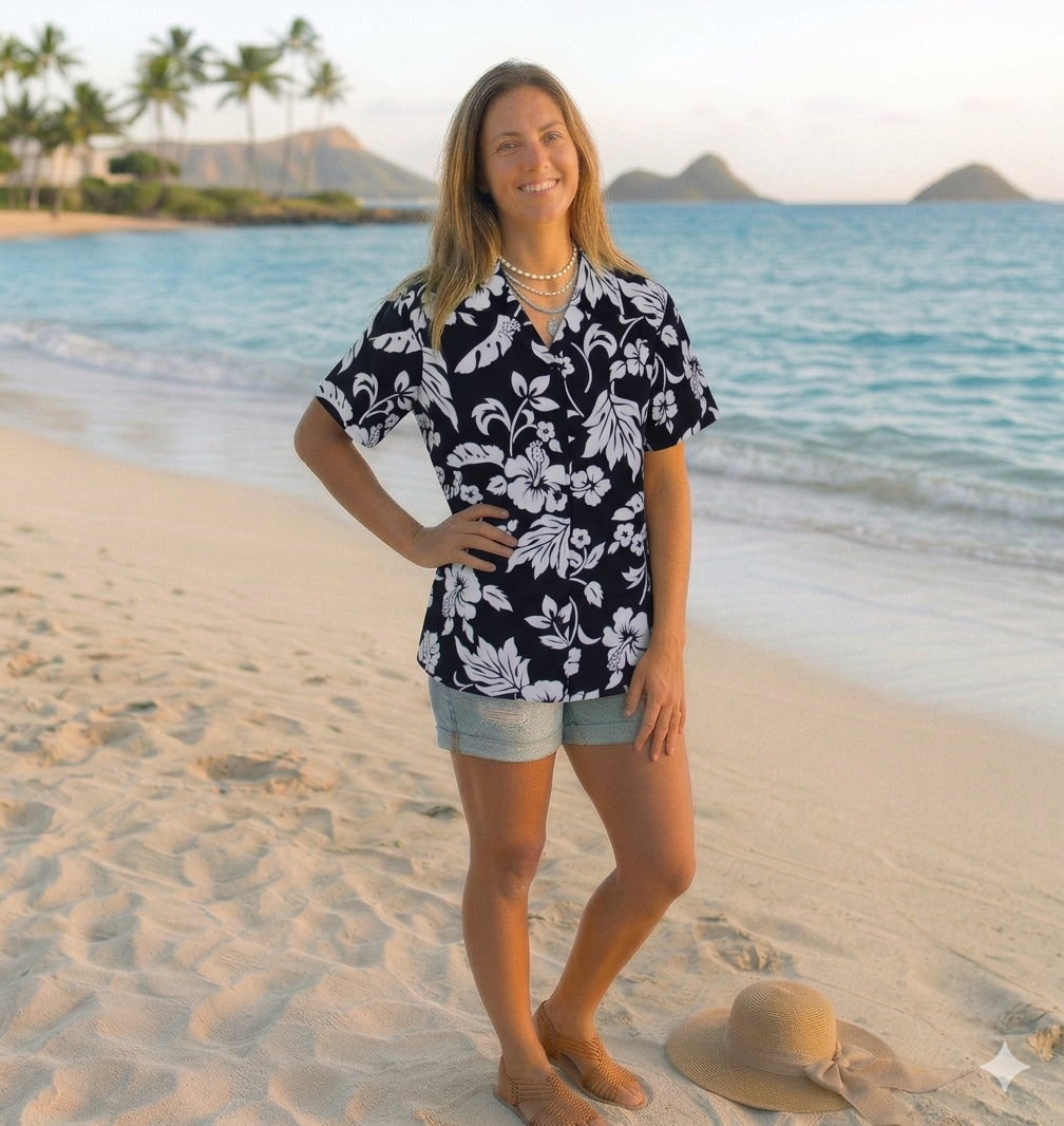 Made in Hawaii ! Women's Classic Hibiscus Flowers Hawaiian Aloha Navy Camp Shirt