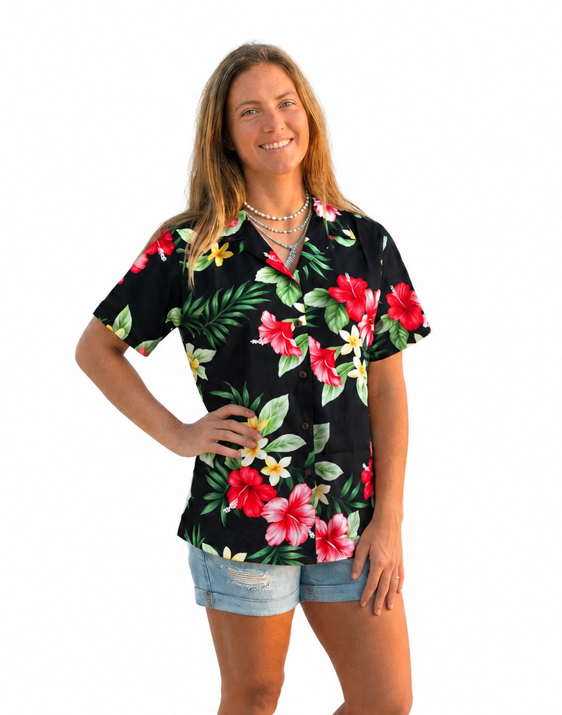 Made in Hawaii ! Women's Floral Hibiscus Flowers Hawaiian Aloha Black Camp Shirt