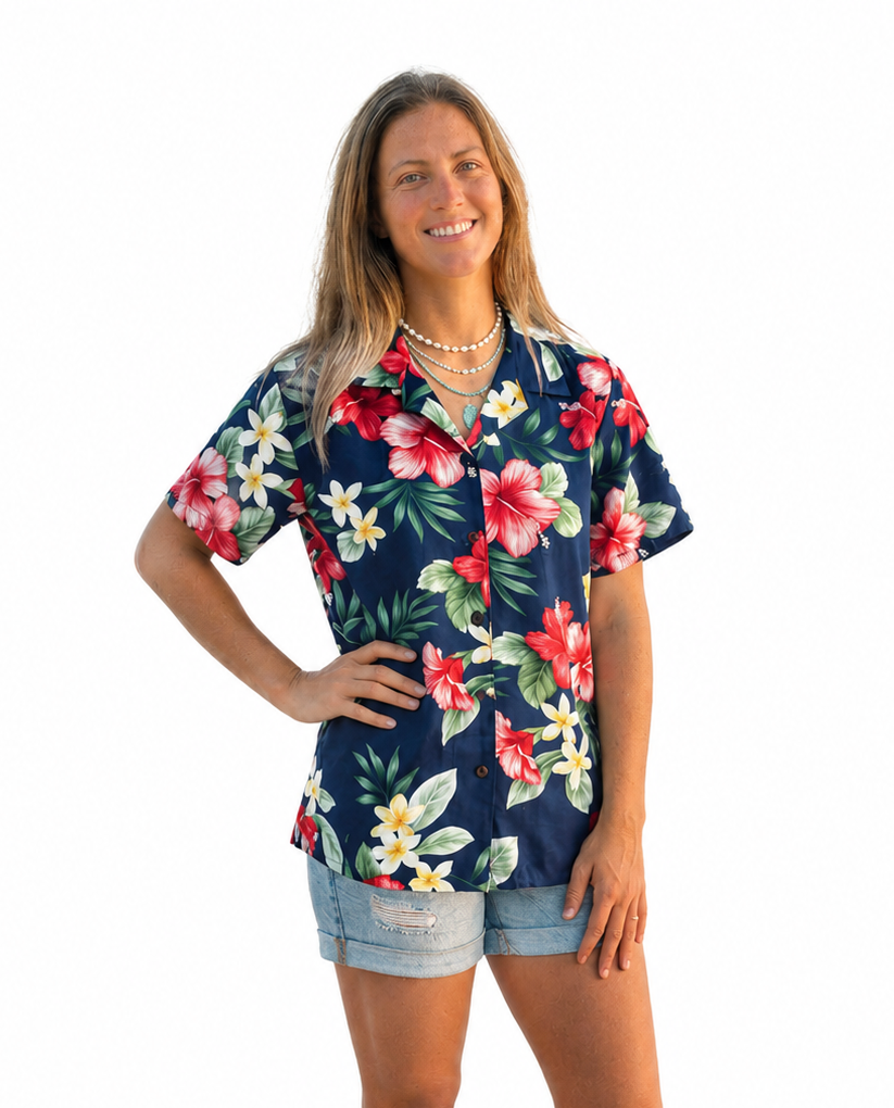 Made in Hawaii ! Women's Floral Hibiscus Flowers Hawaiian Aloha Navy Camp Shirt