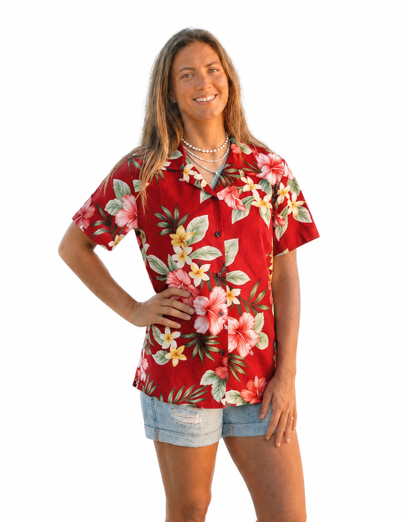 Made in Hawaii ! Women's Floral Hibiscus Flowers Hawaiian Aloha Red Camp Shirt