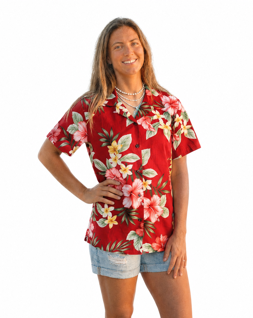 Made in Hawaii ! Women's Plumeria Flowers Hawaiian Aloha Pink Camp Shirt
