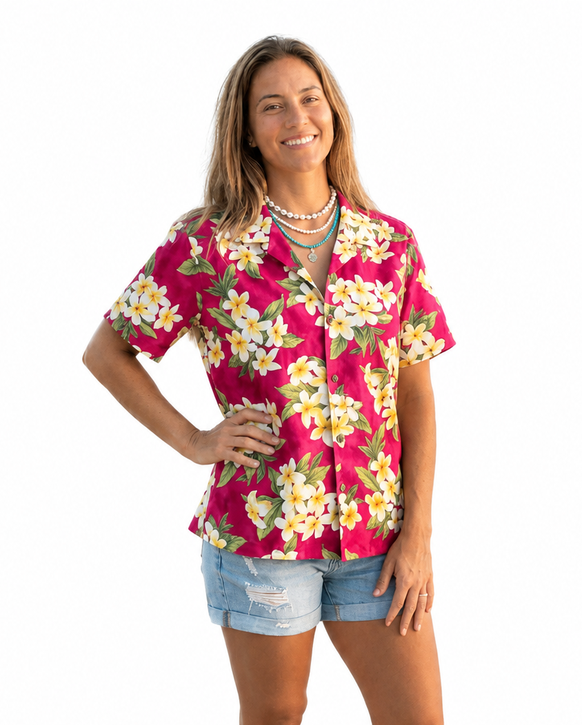 Made in Hawaii ! Women's Plumeria Flowers Hawaiian Aloha Red Camp Shirt