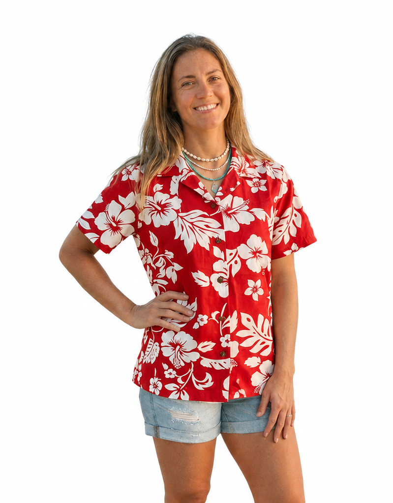 Made in Hawaii ! Women's Classic Hibiscus Flowers Hawaiian Aloha Red Camp Shirt