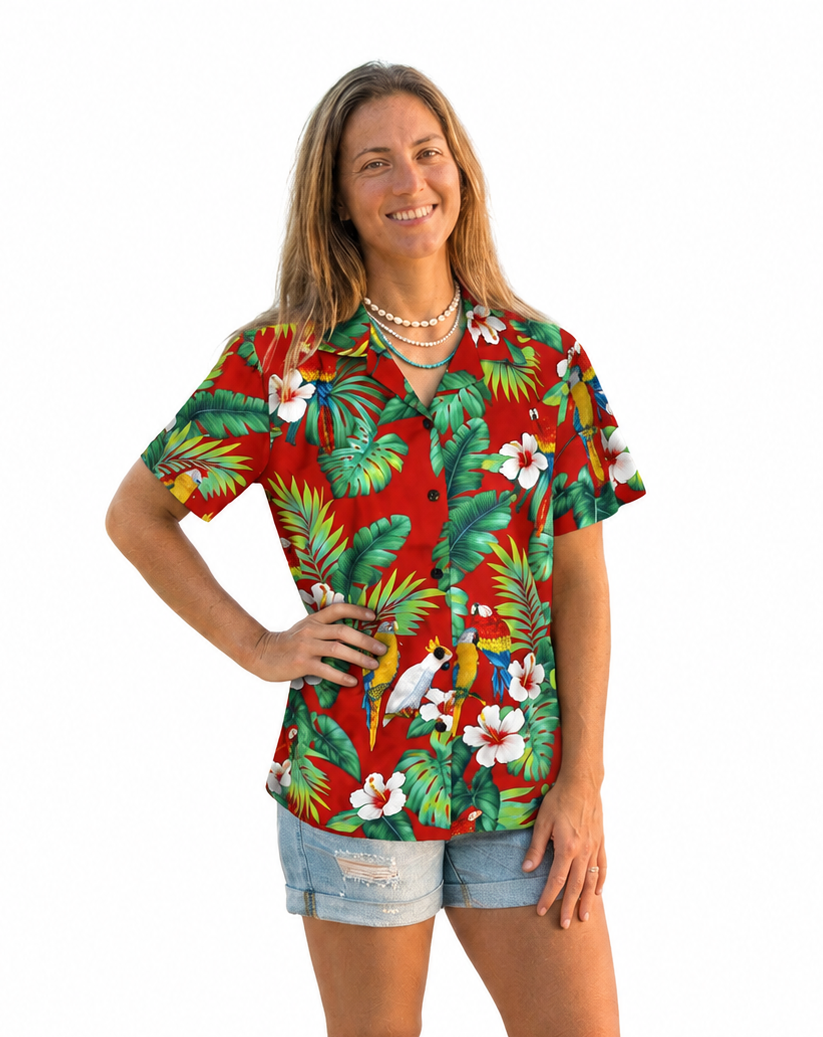 Made in Hawaii ! Women's Parrots Hibiscus Flowers Hawaiian Aloha Red Camp Shirt