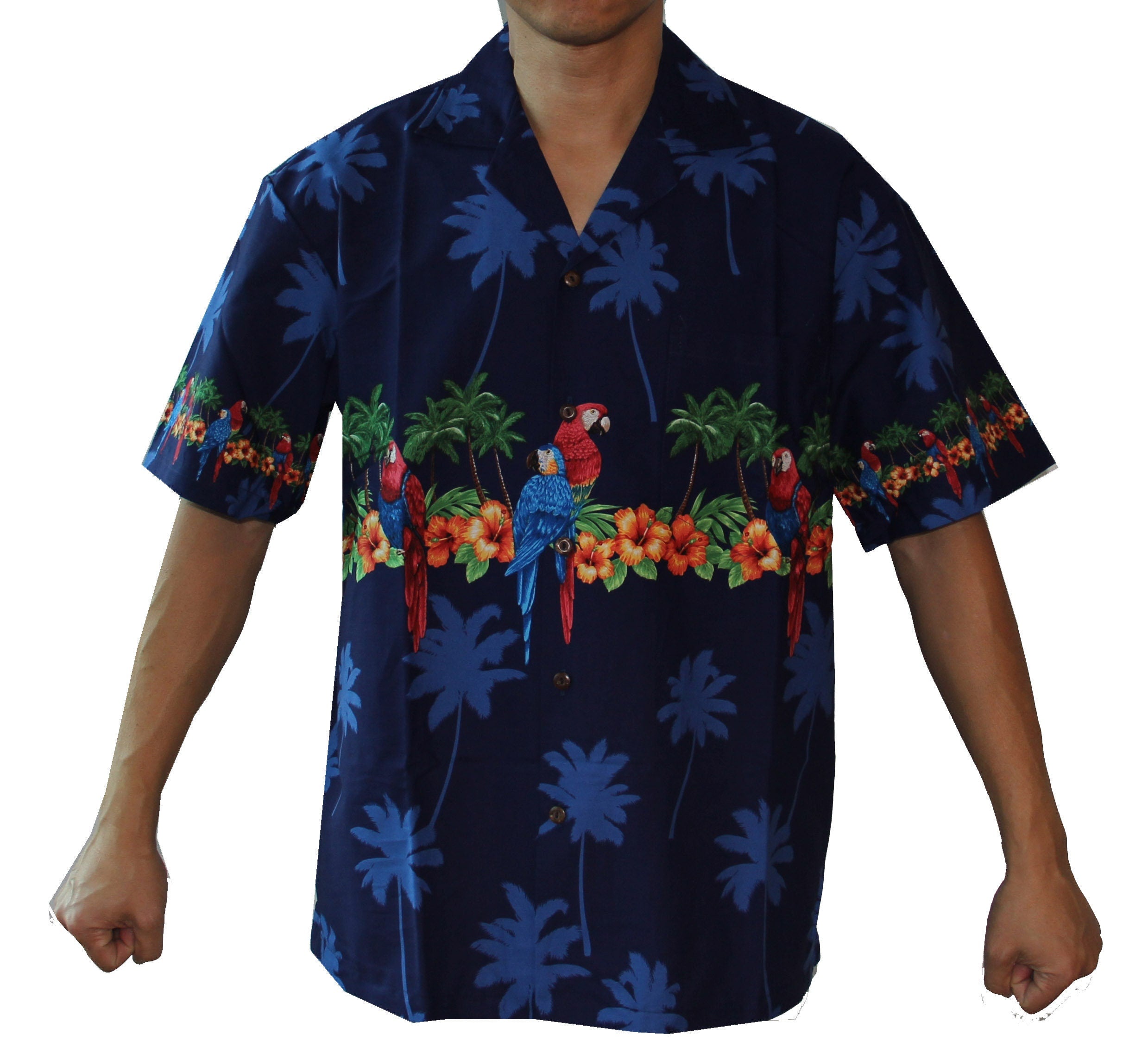 Men's Classic Parrots Border Chest Navy Hawaiian Aloha Cruise Luau Shirt