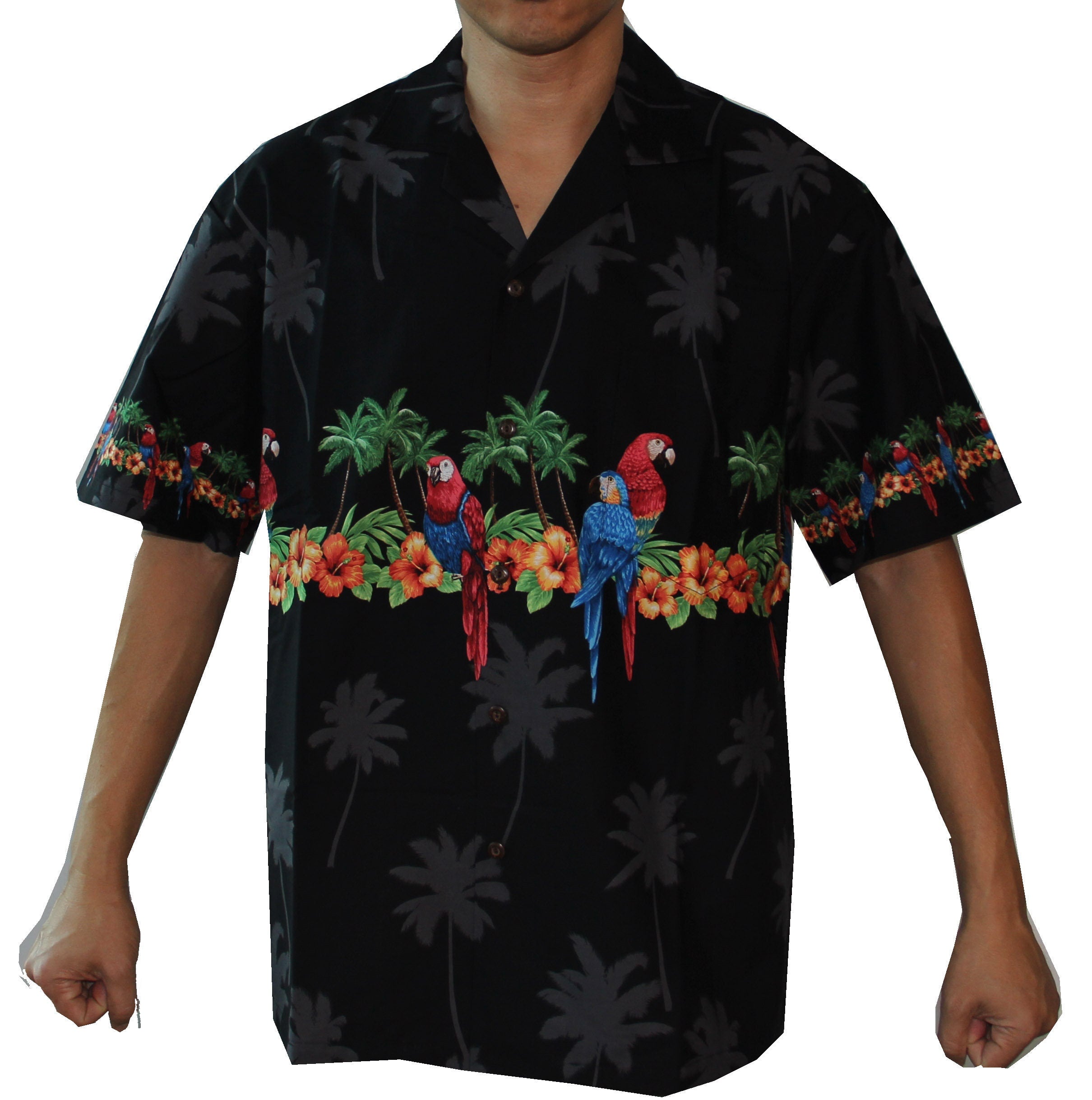 Men's Classic Parrots Border Chest Black Hawaiian Aloha Cruise Luau Shirt