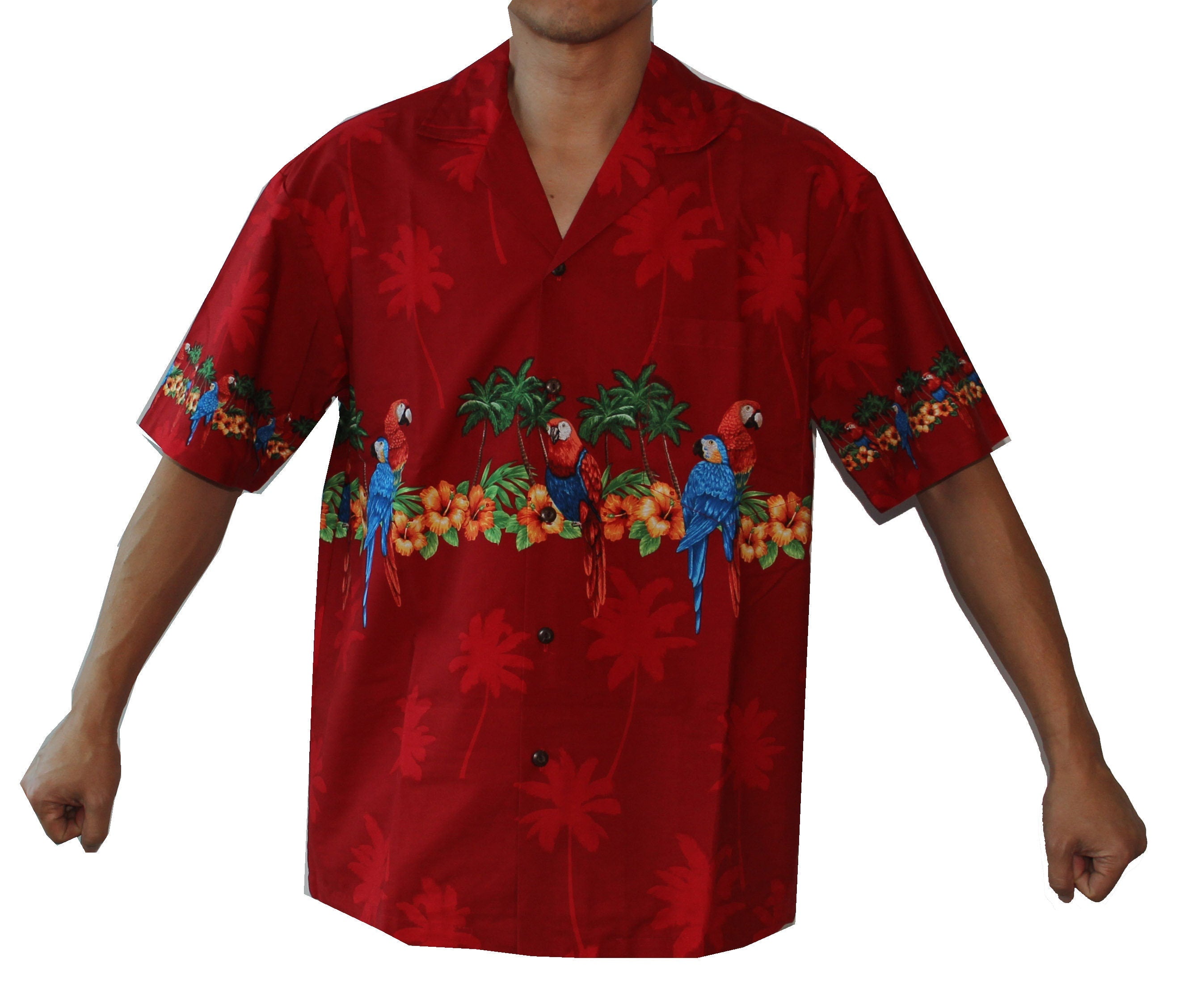 Men's Classic Parrots Border Chest Red Hawaiian Aloha Cruise Luau Shirt