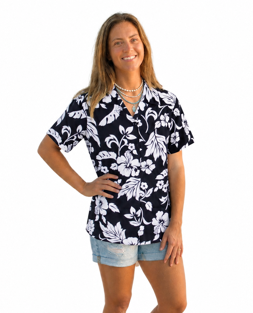Made in Hawaii ! Women's Classic Hibiscus Flowers Hawaiian Aloha Navy Camp Shirt